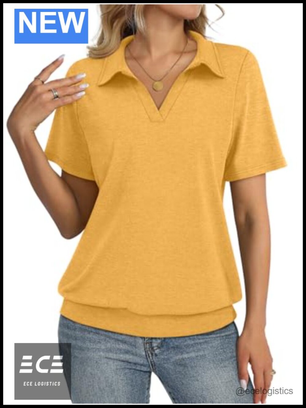Womens Polo Shirt Short Sleeve V-Neck Banded Bottom Business Casual Top